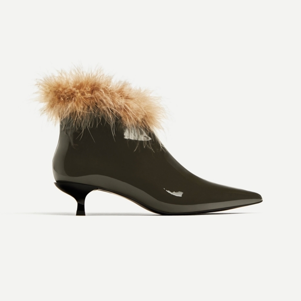 Zara Olive Fur-Trimmed Heeled Boots Woman khaki-colored high-heel ankle boot